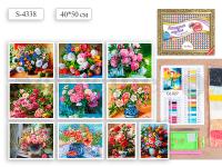 Алмазная мозаика 40х50 см ЦВЕТЫ МИКС, НА ПОДРАМНИКЕ, круглые непрозрачные стразы 2,7 мм, 10 дизайнов